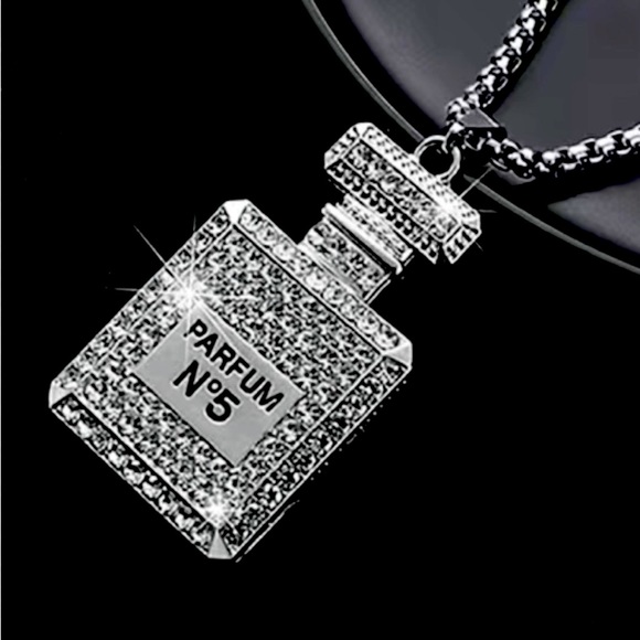 Jewelry - PERFUME BOTTLE SILVER TONE AND RHINESTONE PARFUM NO. 5 NECKLACE